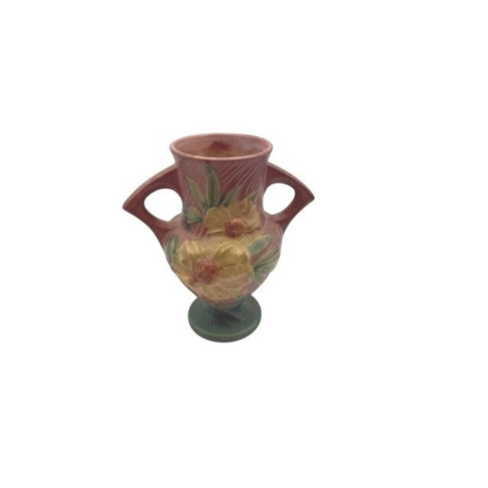 Roseville‎ Peony Vase 168-6 Sienna Brown Yellow Floral Double Handle Art Pottery